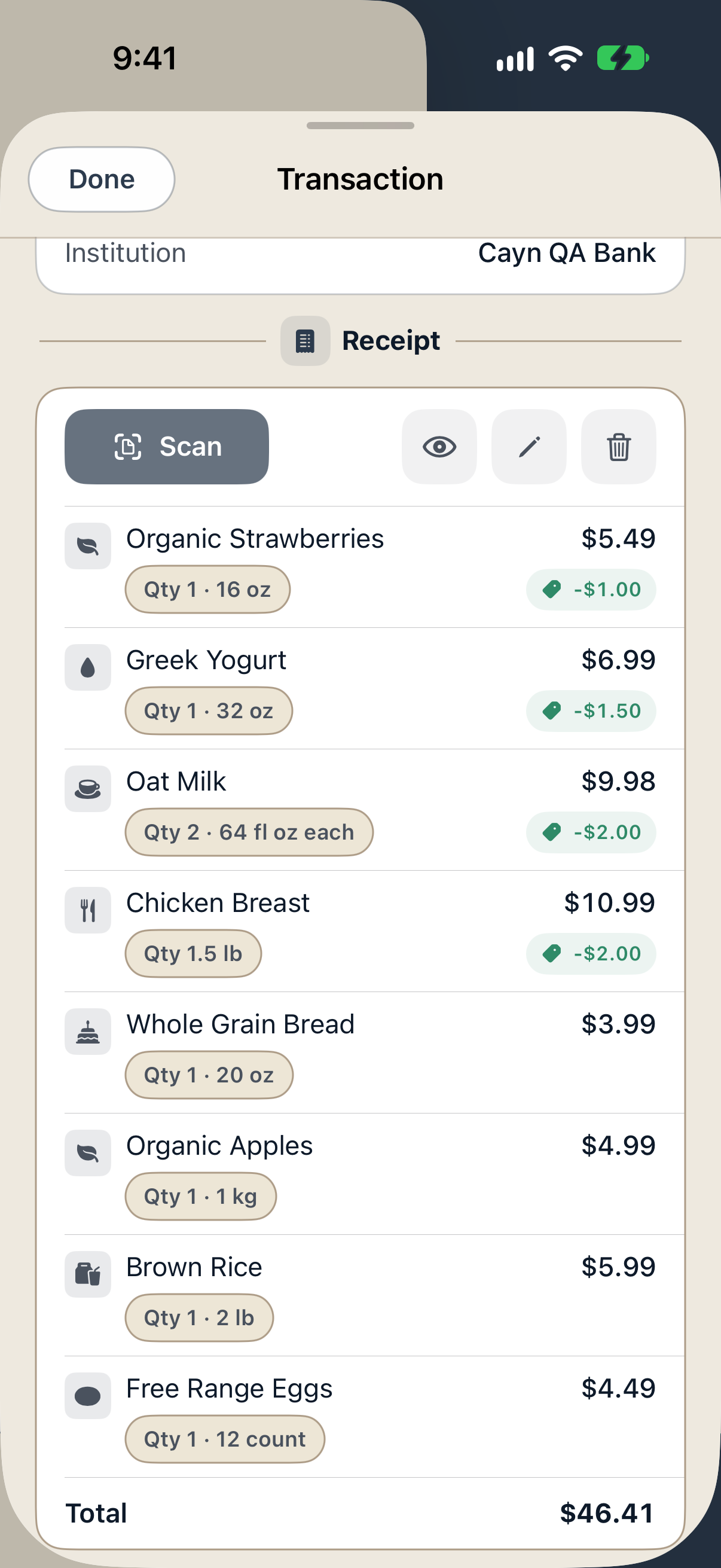 Sample groceries in Cayn’s native app with package sizes, quantities and green item-discount tags