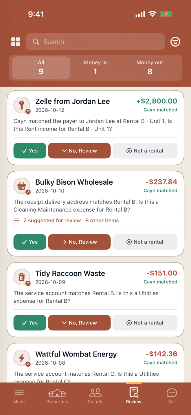 Rental Review with Cayn matched transactions