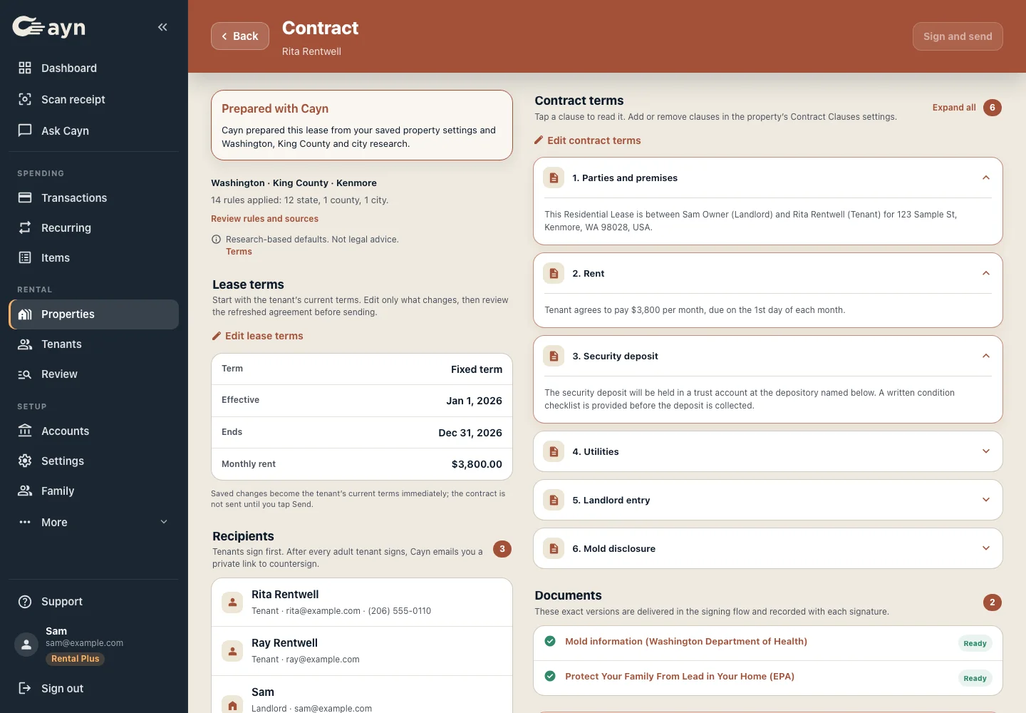 Lease contract prepared from state and local rules, with lease terms, recipients and contract clauses