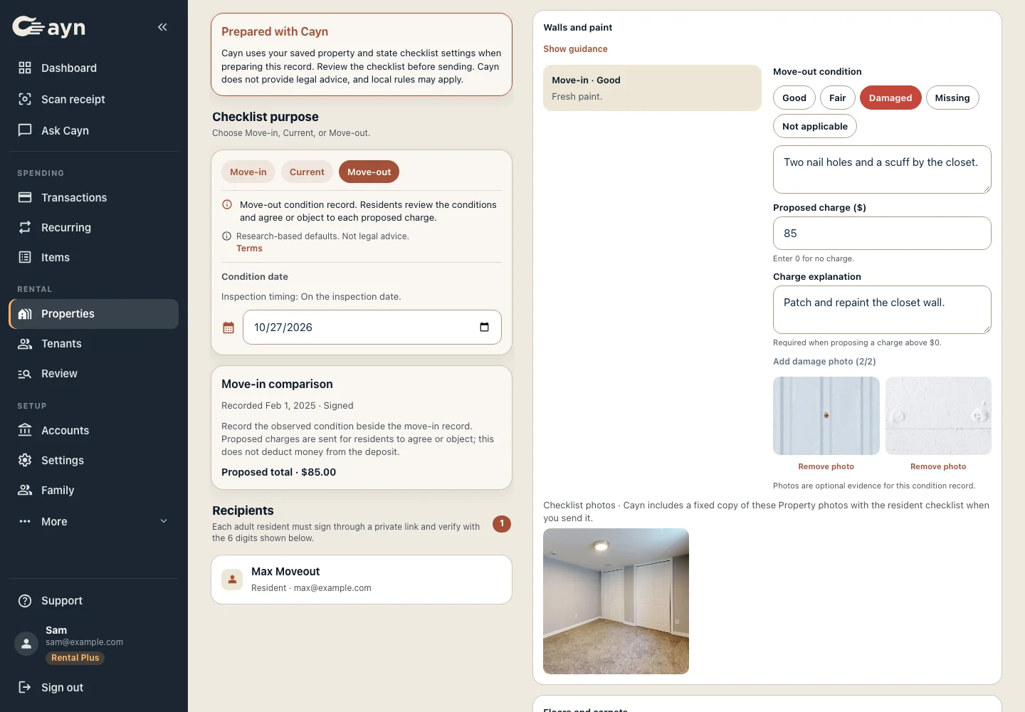 Move-out checklist comparing an item's move-in condition with its move-out condition, with a proposed charge, two damage photos and a reference photo of the room