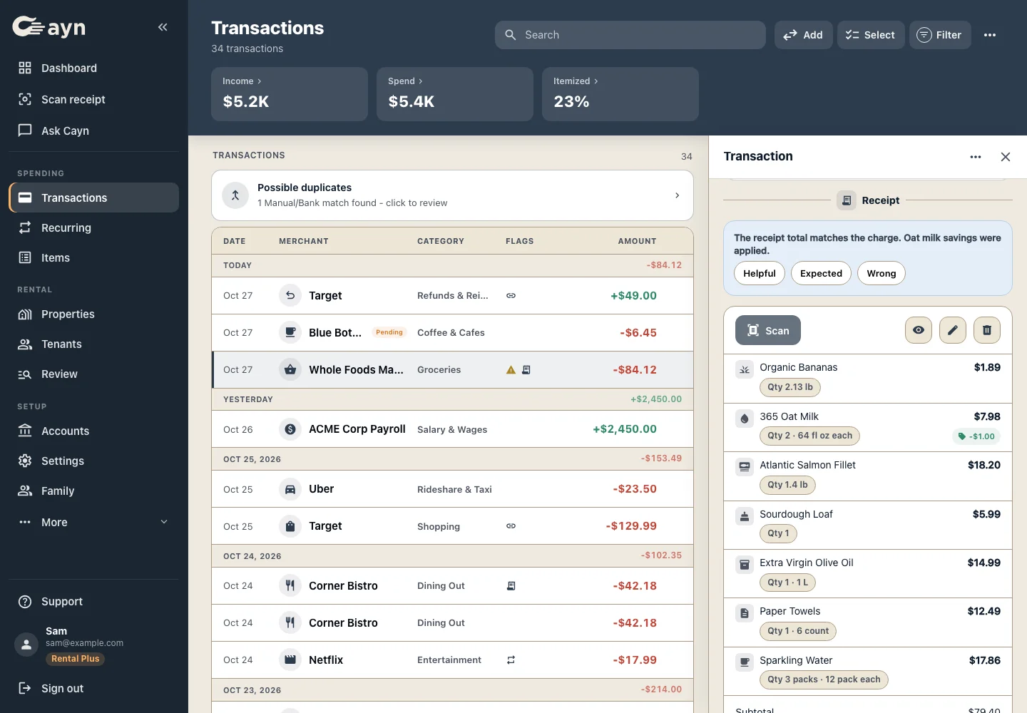 Cayn web transactions list with a grocery receipt itemized line by line in the transaction details