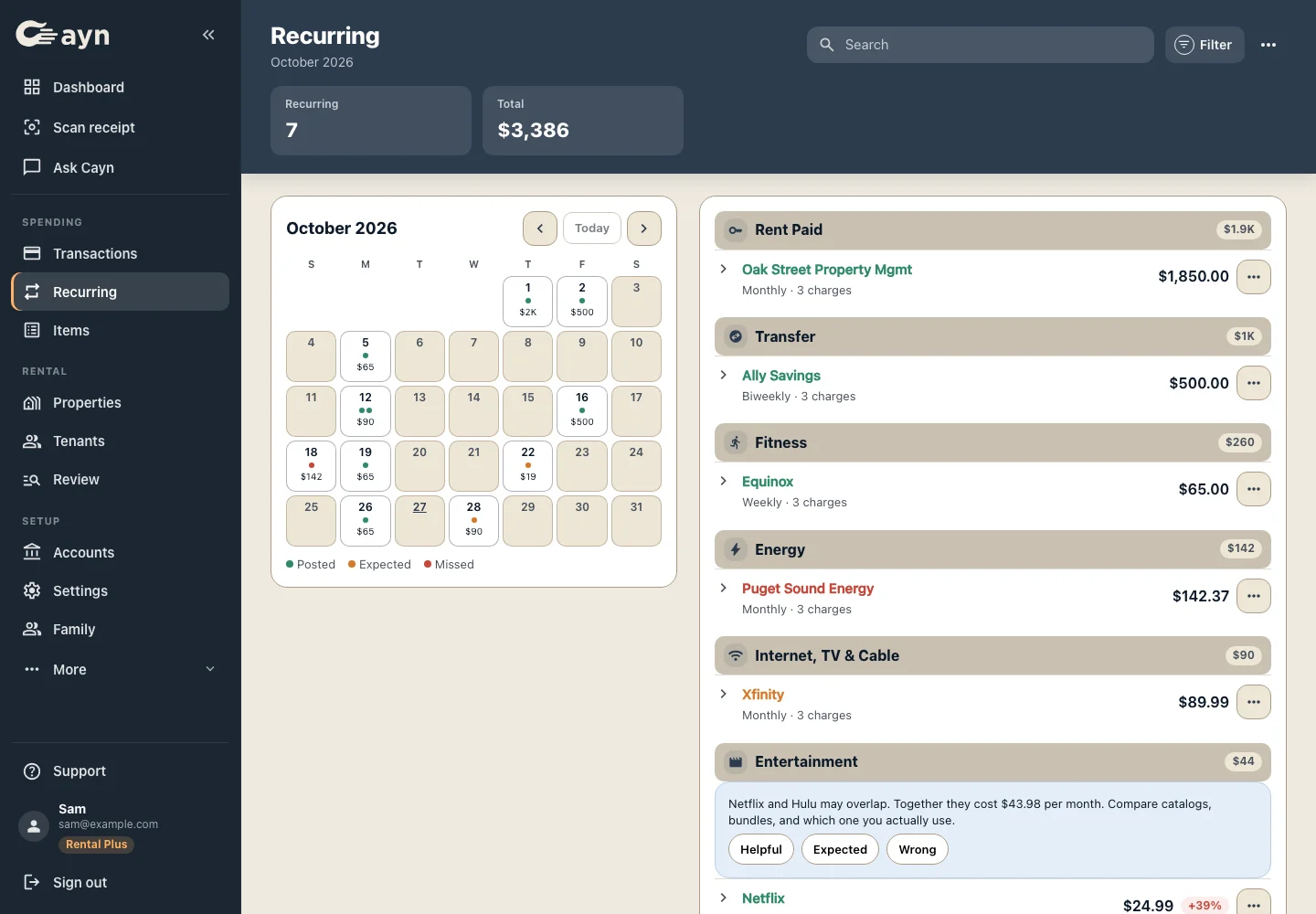 Recurring charges calendar for the month beside bills and subscriptions grouped by category