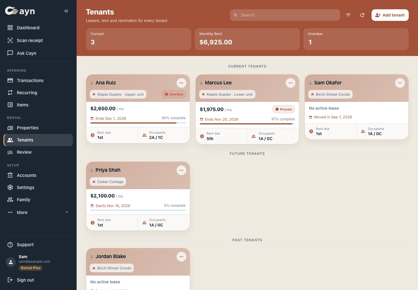 Tenant cards with monthly rent, lease progress, rent due dates and overdue status